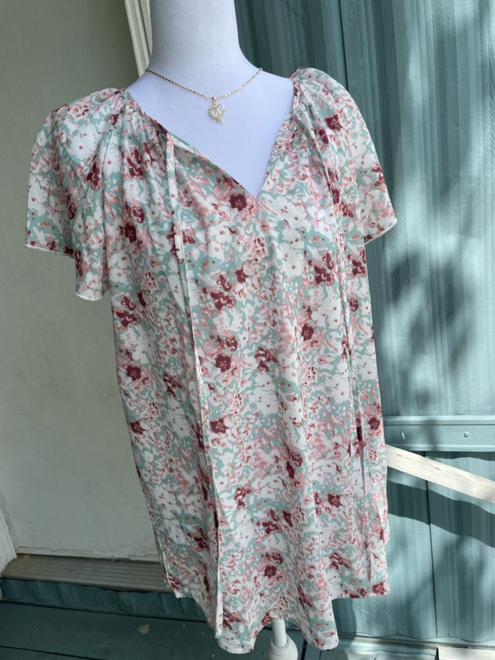 Floral V-Neck Short Sleeve Dress - Mint & Blush